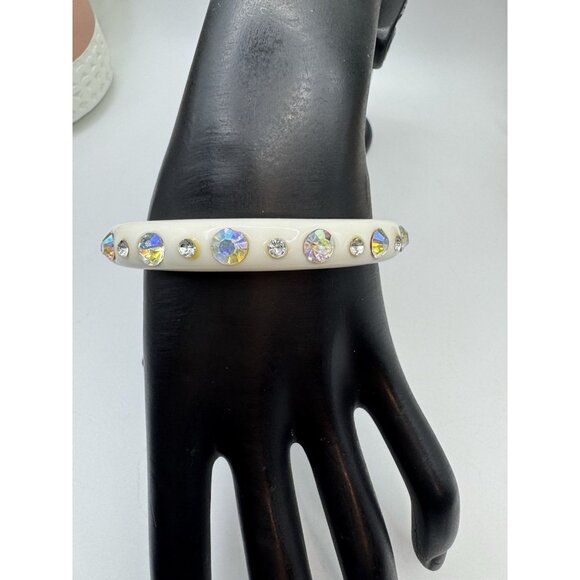 Vintage Lucite Acrylic Rhinestone Bangle Bracelet White AB Rhinestones Stones - Picture 1 of 7